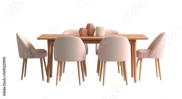 Fototapeta  3d rendering of an elegant dining table with six chairs, showcasing the design and texture of solid wood legs and soft fabric seating in neutral tones, set against a white background for easy decorat