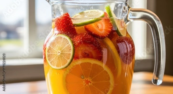 Fototapeta Refreshing citrus and strawberry infused water in a glass pitcher, lit by natural light