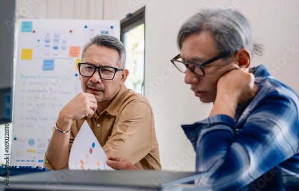Fototapeta Group of asian senior in a collaborative software development analyzing  flowcharts  during a bootcamp training