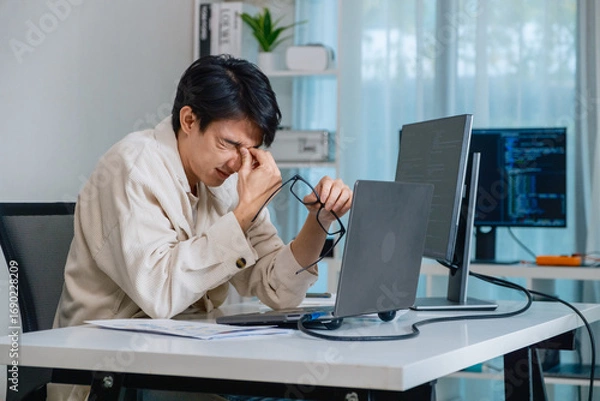 Fototapeta Tired programmer suffering stress and burnout while working at office on software development task