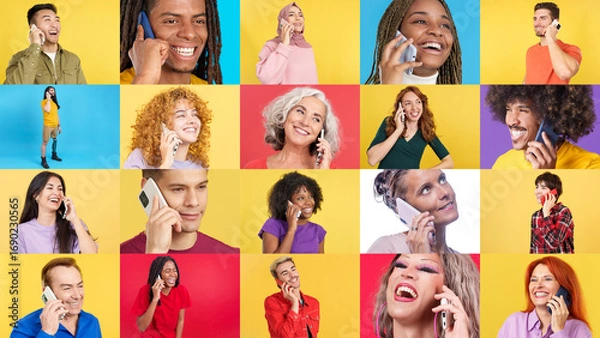 Fototapeta Mosaic of happy people talking to the mobile