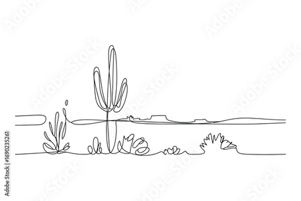 Fototapeta Continuous line drawing of desert landscape with cactus symbolizing nature wilderness travel and dry climate illustration