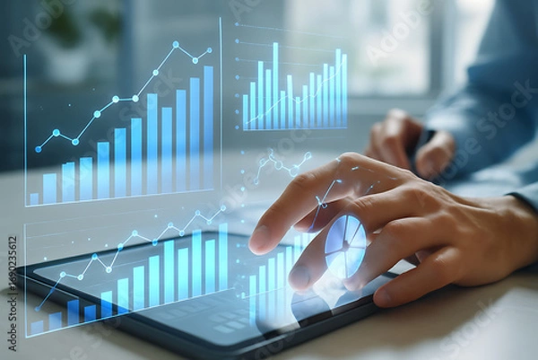 Fototapeta Business analytics with digital graphs shown on tablet device and professional hand analyzing financial data statistics performance and growth