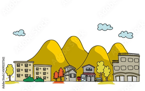 Fototapeta 秋の紅葉がキレイな手描きラフな街並みの背景イラスト・季節