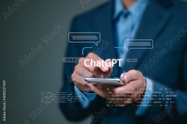 Fototapeta businessman using technology Global Internet connect. Ai tech, Chatgpt Chat with AI, Artificial Intelligence. using command prompt for generates something, Futuristic technology transformation.