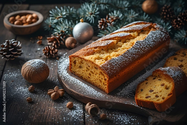 Fototapeta ia generated. Traditional Italian panettone on a rustic wooden table, festive props around it, high-resolution food photography