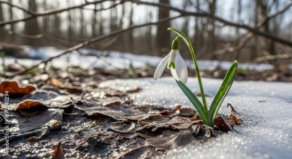 Fototapeta Snowdrop's Delicate Bloom Amidst Melting Snow and Frosty Leaves in Early Spring