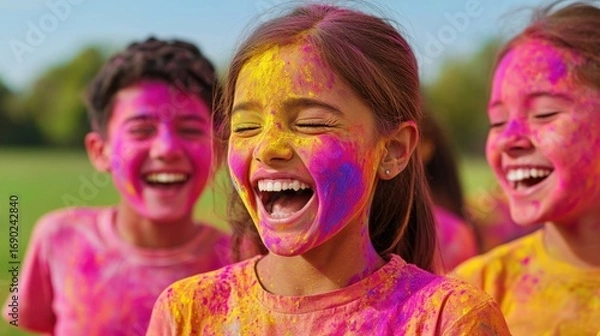 Fototapeta Joyful Group of Young People Laughing While Smearing Vibrant Colors During a Fun Outdoor Activity