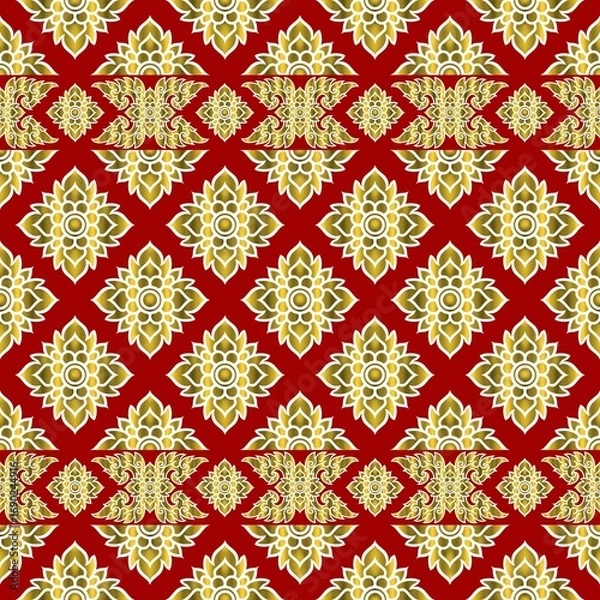 Obraz Thai Golden Flower seamless pattern on red background.