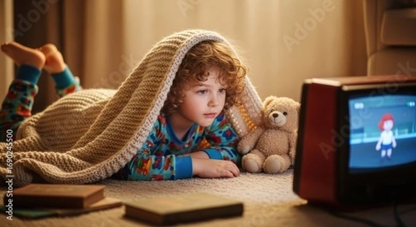 Fototapeta A young child lying under a blanket, watching a TV with a teddy bear.