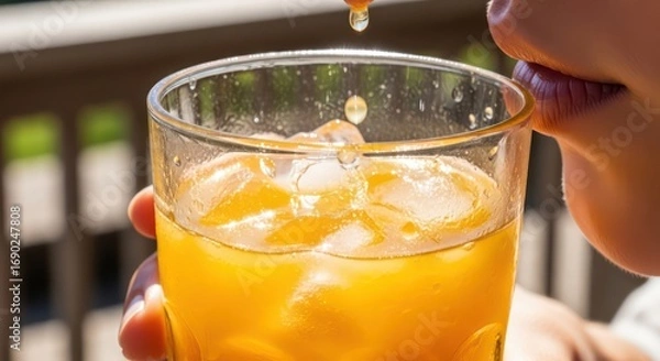 Fototapeta Refreshing Orange Drink with Ice, Droplet, and Person Enjoying a Beverage