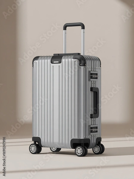 Fototapeta Sleek silver suitcase with black accents stands ready for travel adventures and business trips alike on transparent background