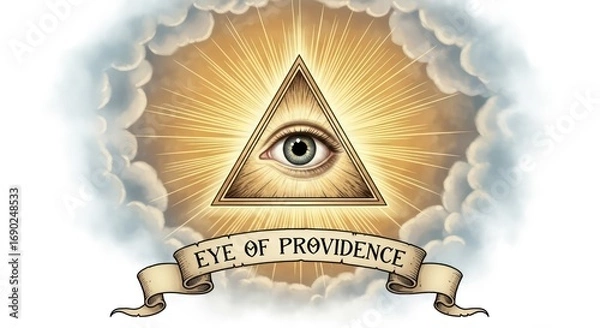 Fototapeta All-Seeing Eye of Providence in Triangle with Rays and Clouds, Banner Below