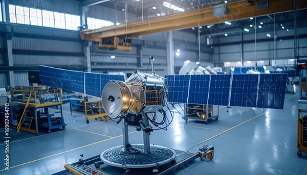 Fototapeta Satellite assembly within an industrial facility with advanced technology and solar panels
