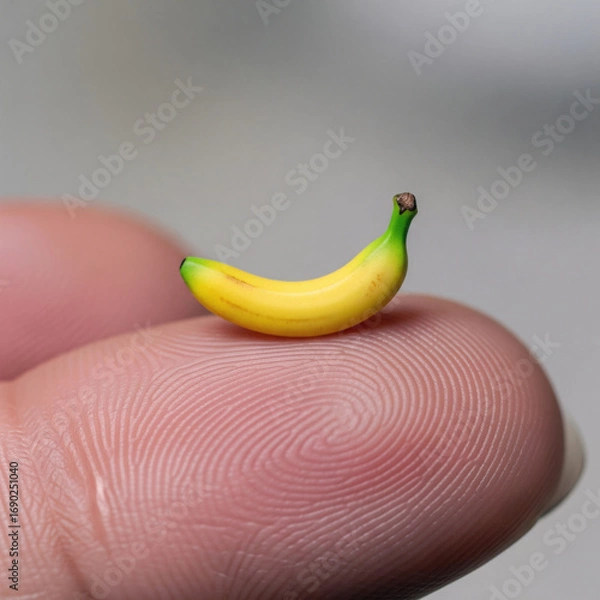 Fototapeta Nano banana on the fingertip. Miniature fruit concept