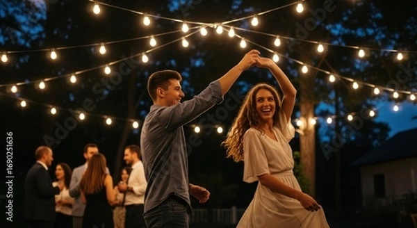 Fototapeta A couple dancing under a string of lights at a backyard party.