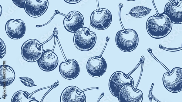 Fototapeta Vintage drawing cherry sketch wallpaper. Blue pattern on  background, sketch style.	