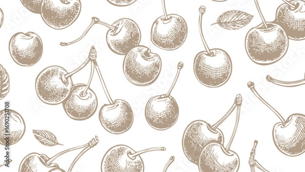 Fototapeta Vintage drawing cherry sketch wallpaper. Brown pattern on white background, sketch style.