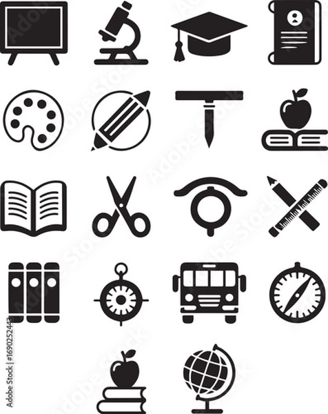Fototapeta Education Icon Set 20 Black Vector Silhouettes of School Tools, Learning Symbols, and Academic Elements. Back to school icon set with different icons related to success, academic subjects