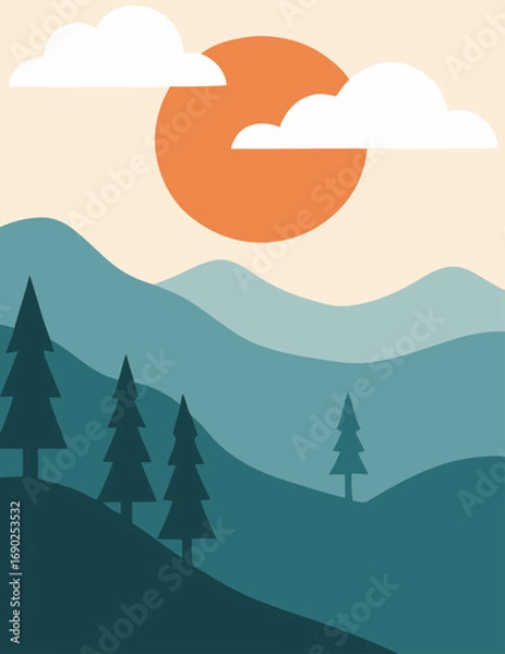 Fototapeta Minimalist mountain landscape with pine trees and sun in a serene flat design style
