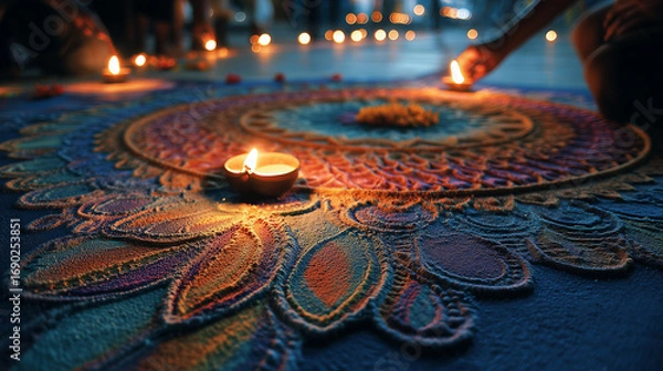 Obraz Deepavali Sri Lanka night, close-up of intricate rangoli with vibrant powders and oil lamps