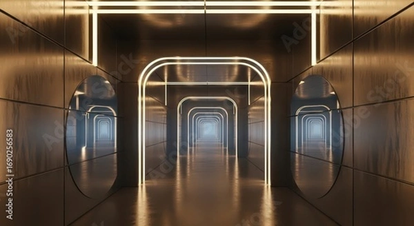 Fototapeta Illuminated Corridor: Symmetrical Arches and Reflective Surfaces Create a Futuristic Perspective
