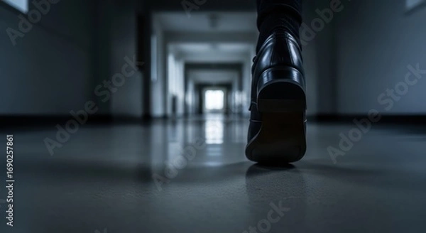 Fototapeta Sole of a Shoe Walking Down a Dark, Empty Hallway