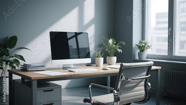 Fototapeta A clean and modern office space with natural light, featuring a minimalist desk setup with a computer, plants, and a comfortable chair.