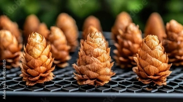 Fototapeta Close-Up of Drying Hop Cones on Mesh Tray Showing Texture and Detail for Stock Photography Use