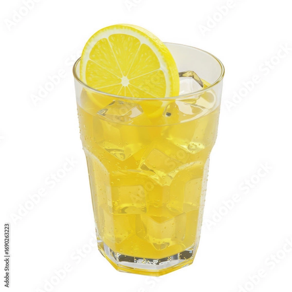 Fototapeta Refreshing yellow beverage with ice cubes and lemon slice in a tall glass isolated on transparent background