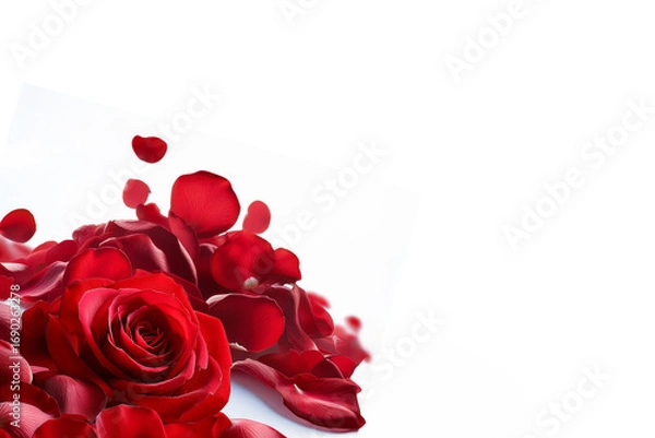 Fototapeta 白い背景に赤いバラの花と花びら