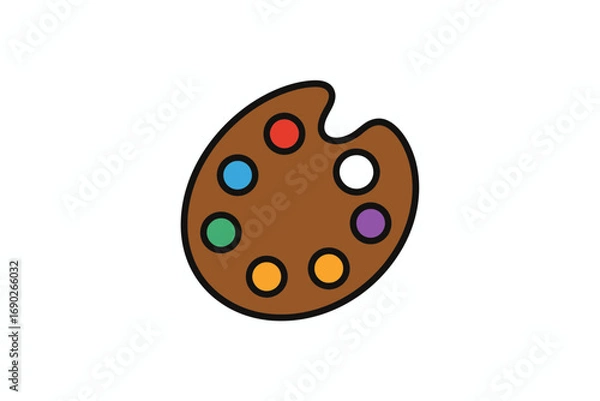 Fototapeta A simple cartoon illustration of an artist's wooden paint palette with various colored paints.