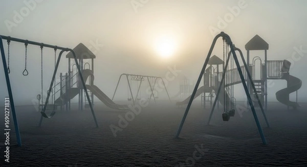 Fototapeta Eerie Playground Scene: Swings and Slides Silhouetted in Dense Fog