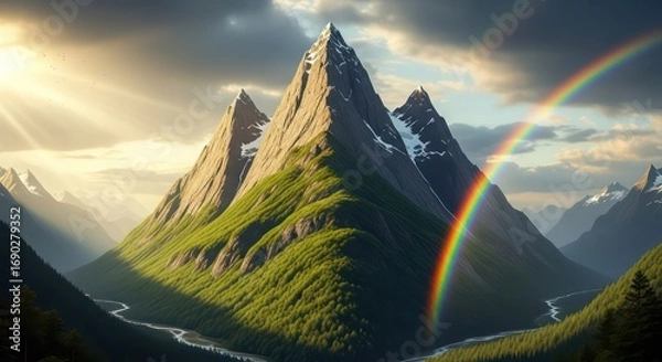Fototapeta Majestic Mountain Peaks with Lush Greenery and a Vibrant Rainbow Display
