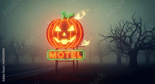 Fototapeta Spooky neon jack-o'-lantern motel sign beckons travelers on a foggy, deserted road amidst bare, silhouetted trees