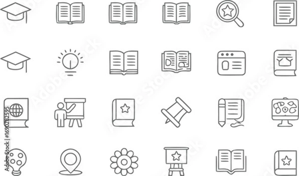Obraz Education and Learning Line Icons – Books, Graduation, Ideas, Research, Online Learning, Presentations, and Academic Tools