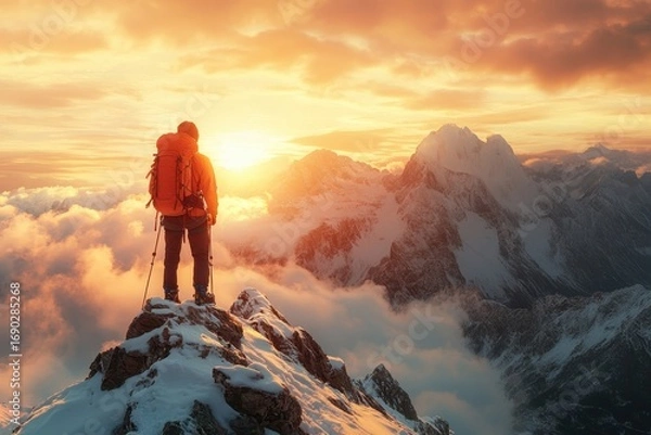 Fototapeta A lone hiker stands on a snowy mountain peak during sunset, admiring the breathtaking view of the surrounding landscape