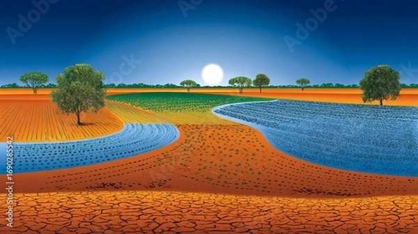Fototapeta desert landscape with earth-toned colors showing spaced crescent embankments with visible soil layers and growing plants. desert farming stylized art crescent landform soil texture rain retention 