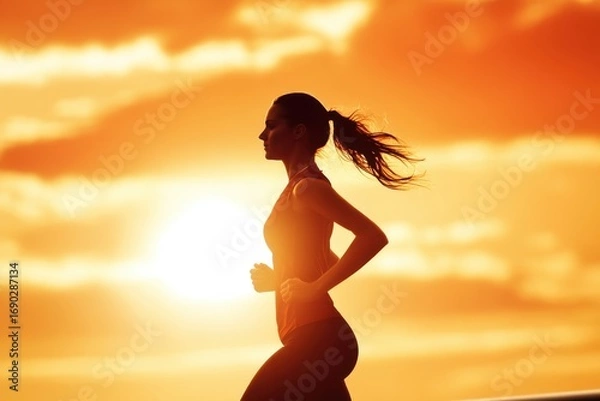 Fototapeta Runner enjoying a sunset jog on a warm evening near the shore