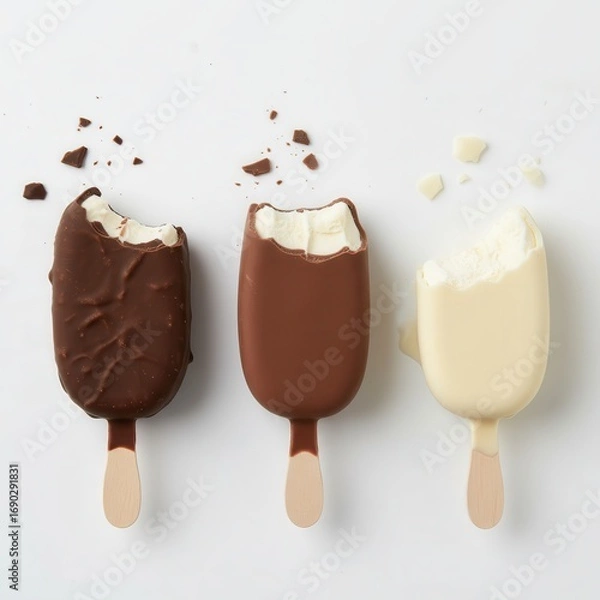 Fototapeta A trio of partially eaten ice cream bars, each with a different chocolate coating, on sticks.