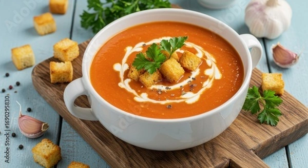 Fototapeta Homemade Creamy Tomato Puree Soup with Croutons and Fresh Herbs – Rustic Comfort Food Photography 