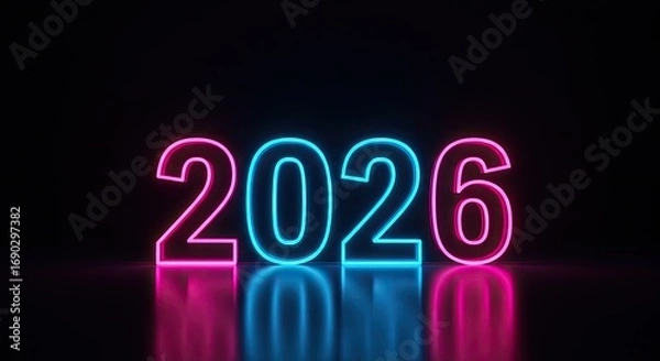 Fototapeta Neon 2026: Futuristic Glowing Numbers on Reflective Surface, Dark Background.
