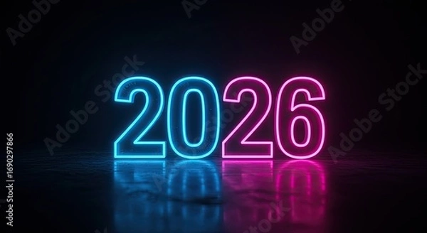 Fototapeta Neon 2026: Futuristic Glowing Numbers on Reflective Surface, Dark Background.