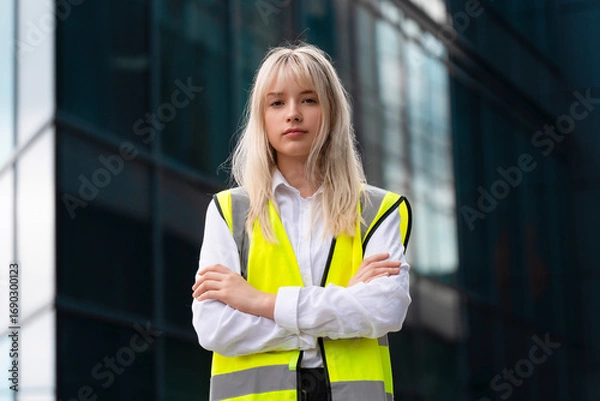 Fototapeta Confident construction site worker stands with arms crossed in bright safety vest against modern building backdrop