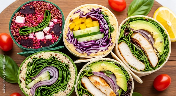 Fototapeta Rolled to perfection, these healthy wraps showcase a spectrum of bright, flavorful fillings.

