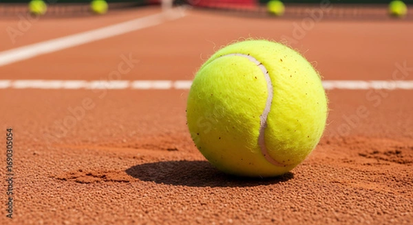 Fototapeta The classic scene: a fuzzy yellow tennis ball resting on the distinctive clay.

