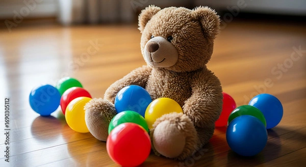 Fototapeta A cozy scene: a teddy bear, a collection of balls, and the comforting texture of a wood floor.

