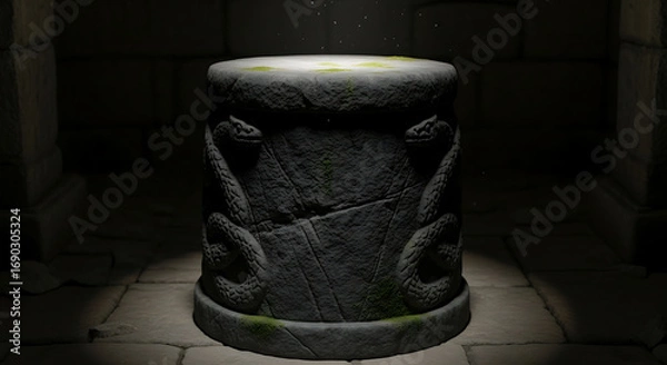 Fototapeta A solitary, dark stone pedestal, its textured surface absorbing the light around it.

