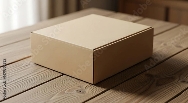 Fototapeta Earthy tones unite: a humble box finds its place on a rustic wooden surface.

