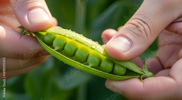 Fototapeta From pod to plate: hands skillfully extract sweet peas, ready for enjoyment.

